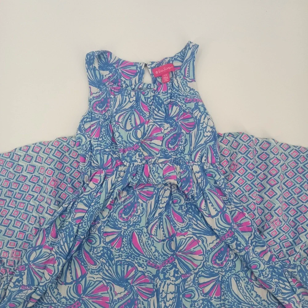 Lilly Pulitzer Girls Blue Pink Paisley Geometric Tiered Dress M 7/8. 40